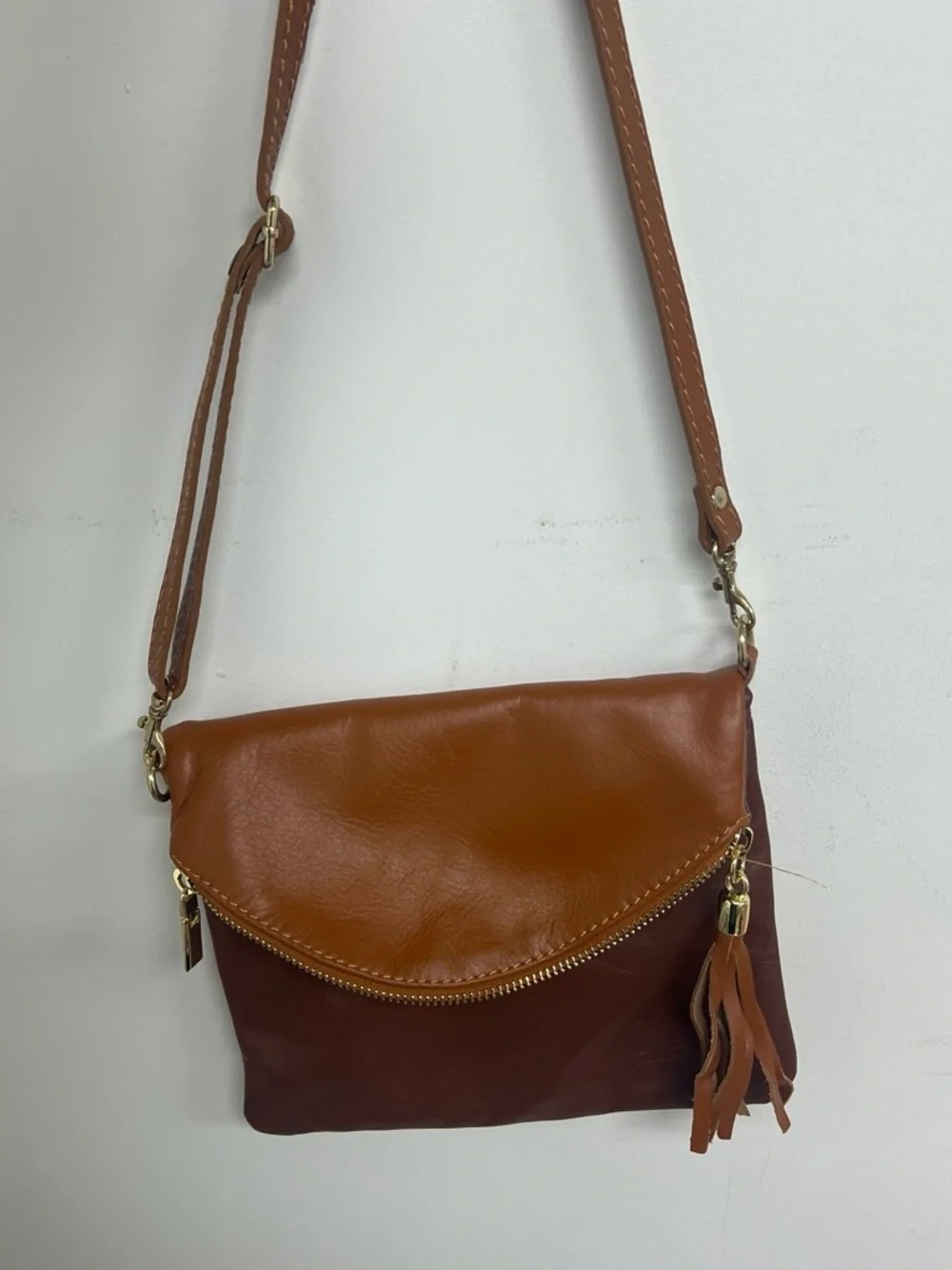 Vera Pelle Two-Tone Brown/Tan Leather Clutch with Tassel